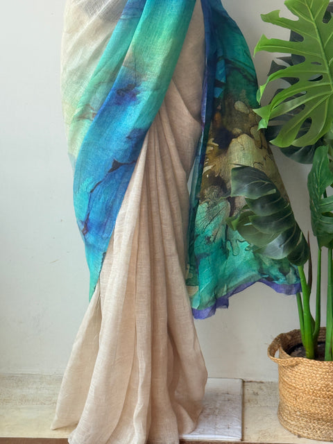 Digital Printed Pure Linen saree