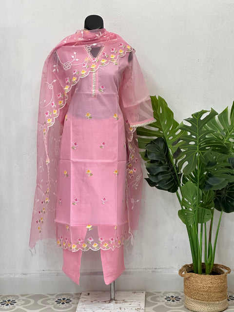 V neck emb organza readymade suit set