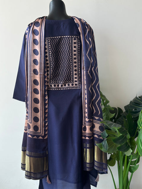 Navy blue russian silk kurti pant set