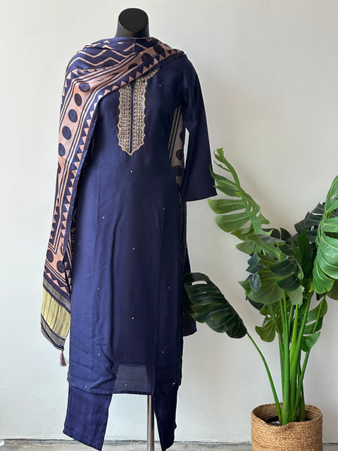 Navy blue russian silk kurti pant set