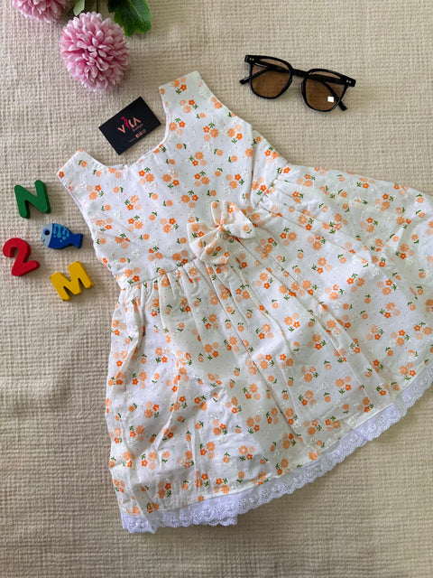 Printed chikan work Baby Frock - Orange