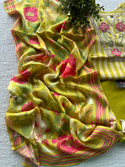 Neck work striped crepe silk ready set