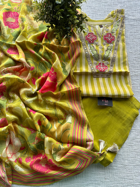 Neck work striped crepe silk ready set