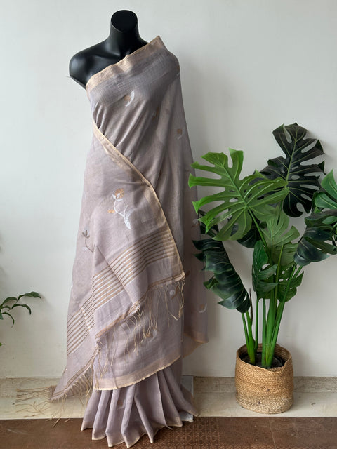 Jamdani weaving silk linen saree - Musturd