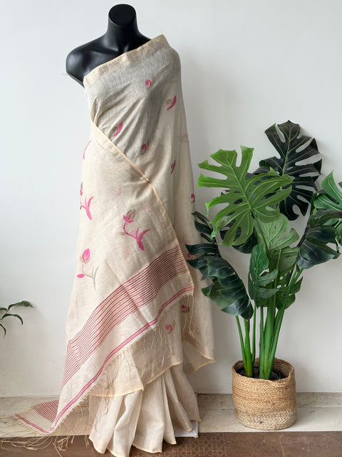 Jamdani weaving silk linen saree - Off white