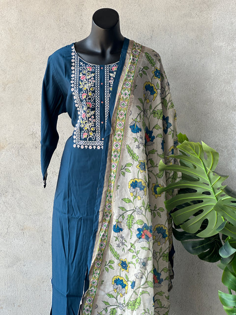 Neck embroidery Roman silk suit set