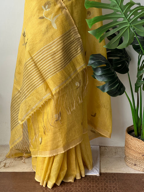 Jamdani weaving silk linen saree - Musturd