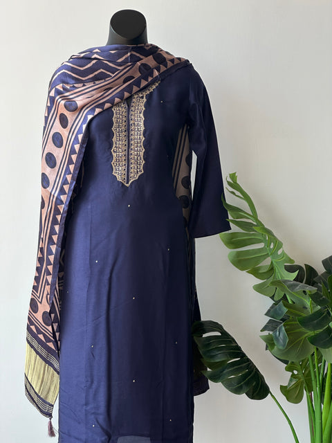 Navy blue russian silk kurti pant set