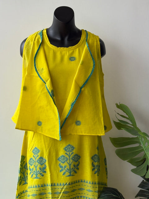 Yellow Blue jamdhani gown with shrug