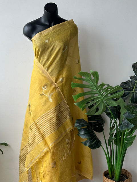 Jamdani weaving silk linen saree - Musturd