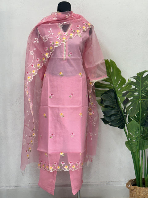 V neck emb organza readymade suit set