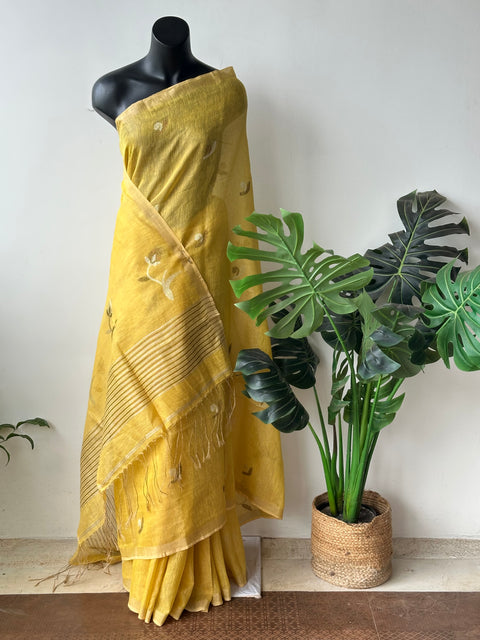 Jamdani weaving silk linen saree - Musturd