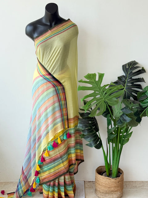 Multi border mul cotton saree - Yellow