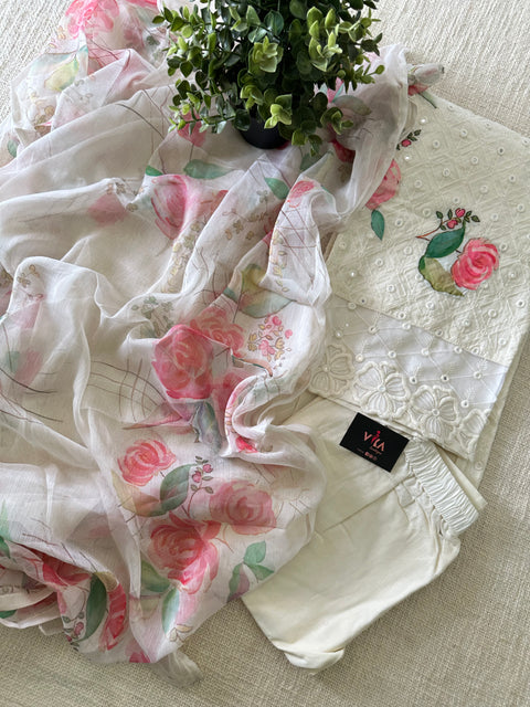 Floral printed Chikan emb Kurti pant set