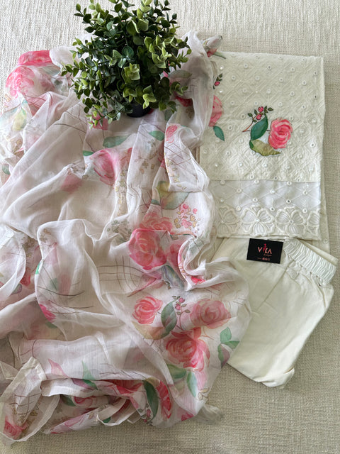Floral printed Chikan emb Kurti pant set