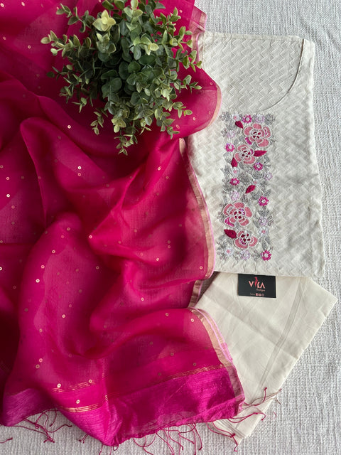 White and pink tissue dupatta suit set
