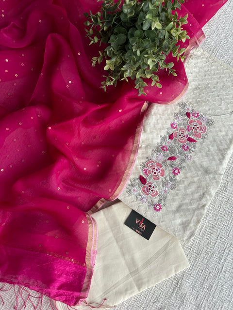 White and pink tissue dupatta suit set