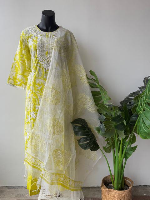 Floral printed Embroidered cotton Ready kurti pant set