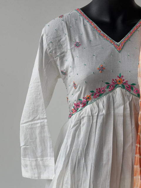 White-Turquoise Mul Cotton Aline Handwork Ready kurti pant set