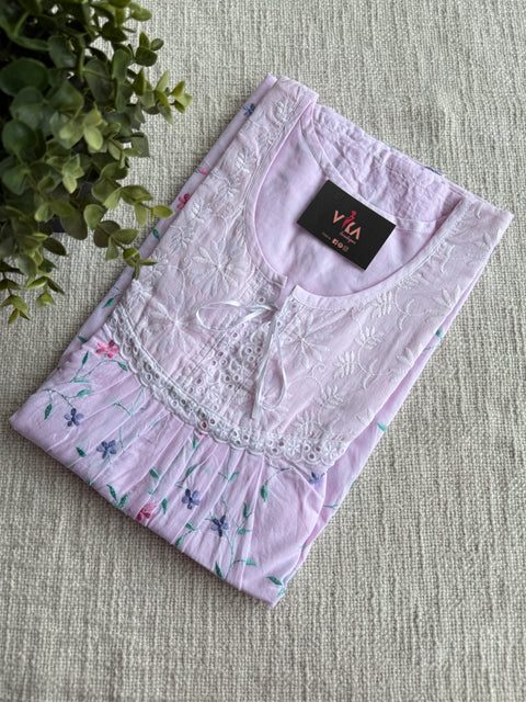 L size colourful emb soft cotton nighty - Pink