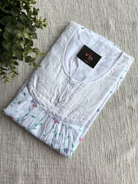 L size colourful emb soft cotton nighty - White