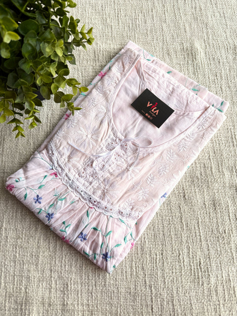 L size colourful emb soft cotton nighty - Peach