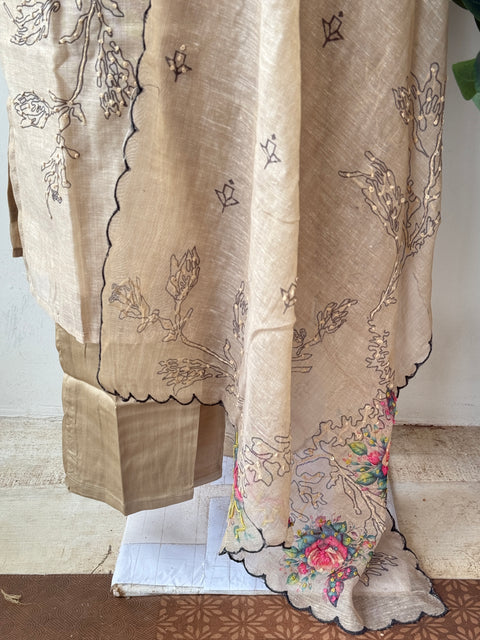 Beige thread emb silk cotton Ready suit set