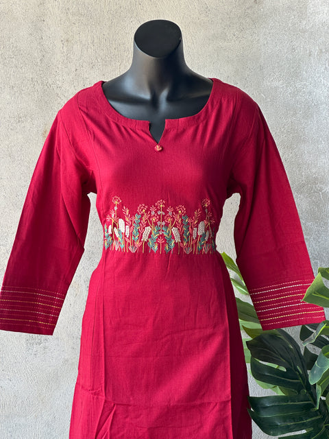 Emb Maroon A-Line cotton kurti