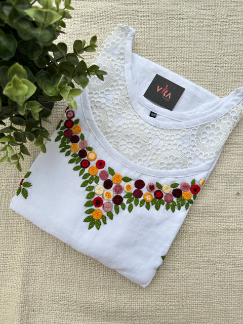 Hand Emb pure white cotton kurti