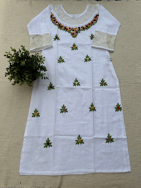 Hand Emb pure white cotton kurti