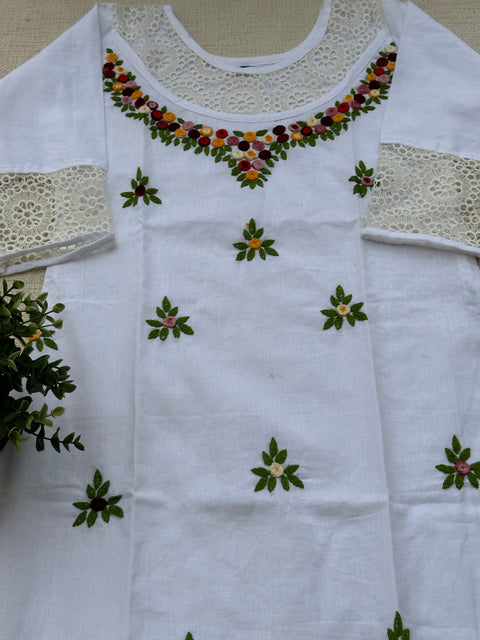 Hand Emb pure white cotton kurti