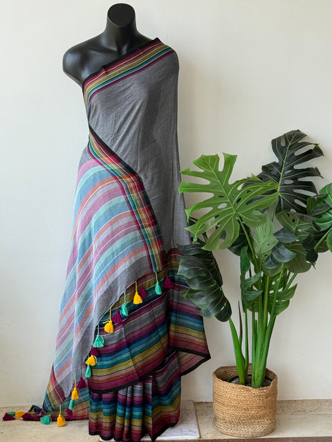 Multi border mul cotton saree - Grey