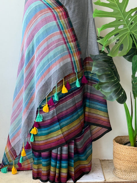 Multi border mul cotton saree - Grey