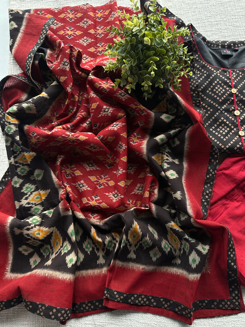 Black and red chanderi cotton ready suit set
