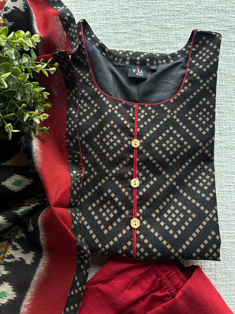 Black and red chanderi cotton ready suit set