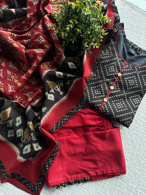 Black and red chanderi cotton ready suit set