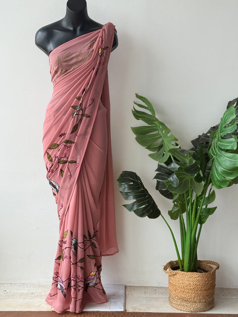 Pink bird emb georgette saree