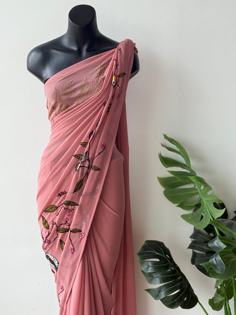 Pink bird emb georgette saree