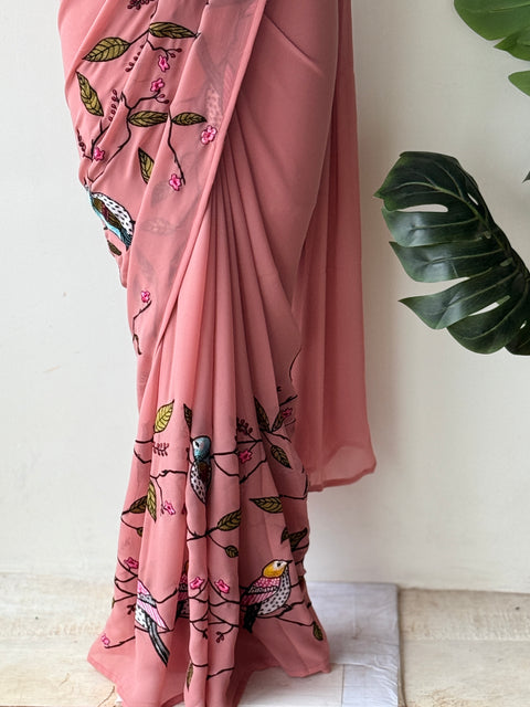 Pink bird emb georgette saree