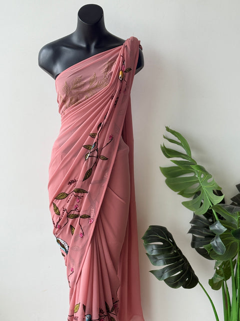 Pink bird emb georgette saree