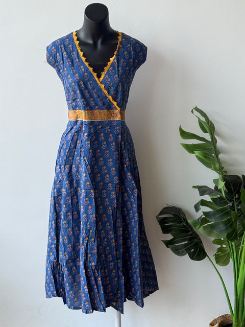 Sleeveless Blue printed wrap around kurti