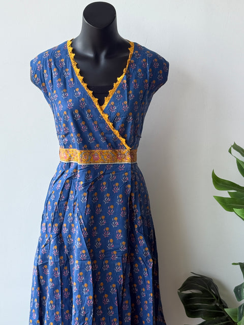 Sleeveless Blue printed wrap around kurti