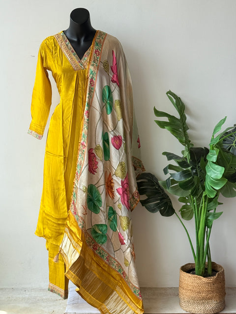 Musturd yellow Russian silk kurti pant set