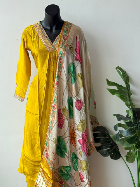 Musturd yellow Russian silk kurti pant set