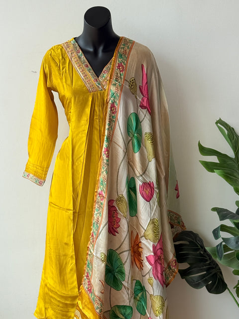 Musturd yellow Russian silk kurti pant set