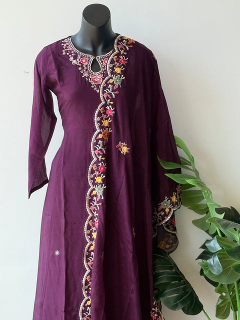Purple neck work georgette kurti pant set
