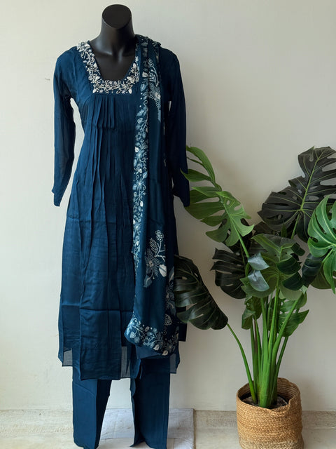 Blue neck work chinnon kurti pant set