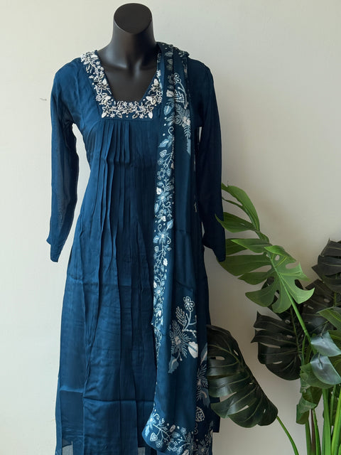 Blue neck work chinnon kurti pant set