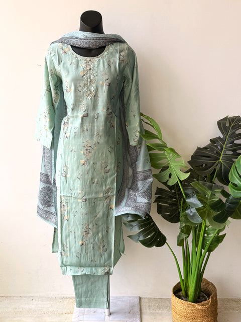 Light blue printed modal silk suit set