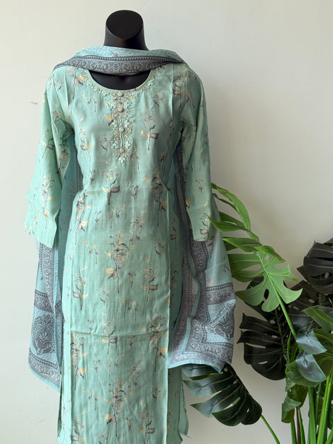 Light blue printed modal silk suit set